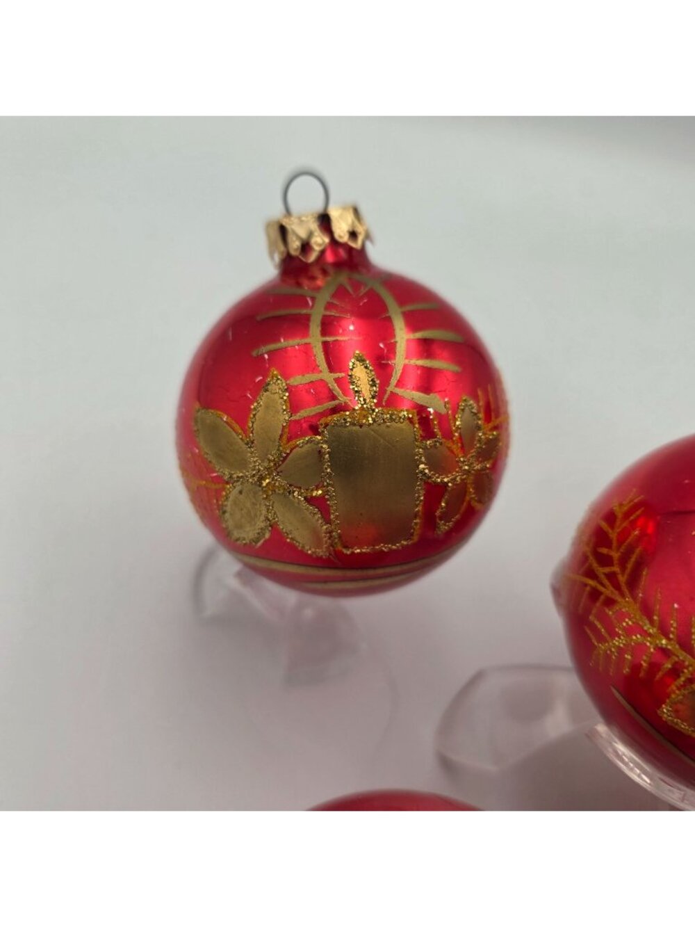 Vintage Red Glass Christmas Ornaments Gold Candle & Floral Design W. Germany